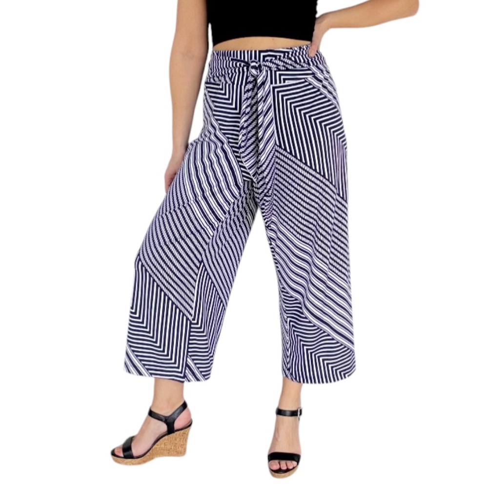 Robert Louis navy blue white abstract tie waist wide leg crop pants size XL